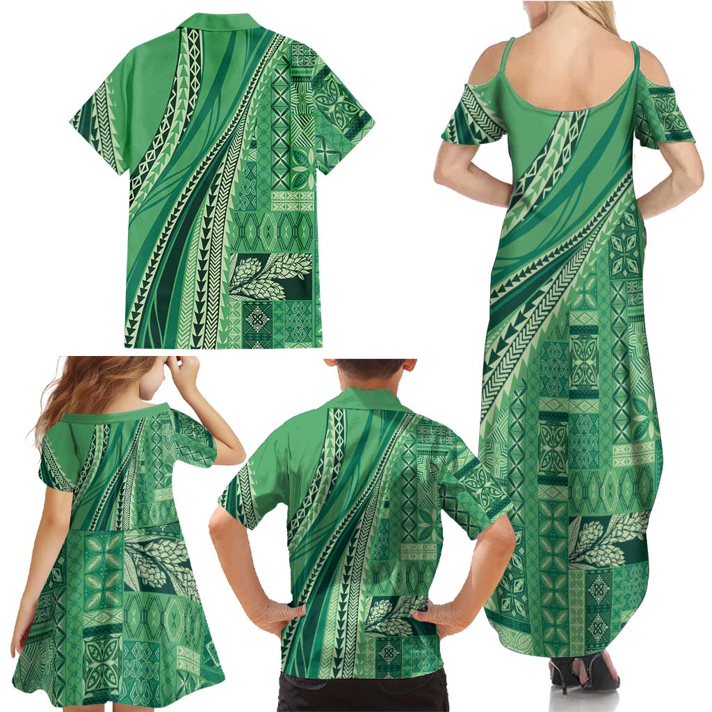 Pasifika Women's Day - Samoa Siapo Malu Tattoo Inspired Family Matching Summer Maxi Dress and Hawaiian Shirt Jade