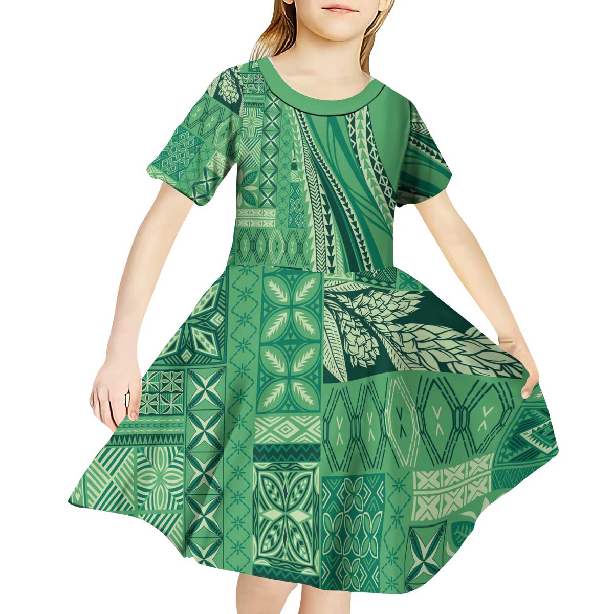 Pasifika Women's Day - Samoa Siapo Malu Tattoo Inspired Kid Short Sleeve Dress Jade LT7 - Polynesian Pride