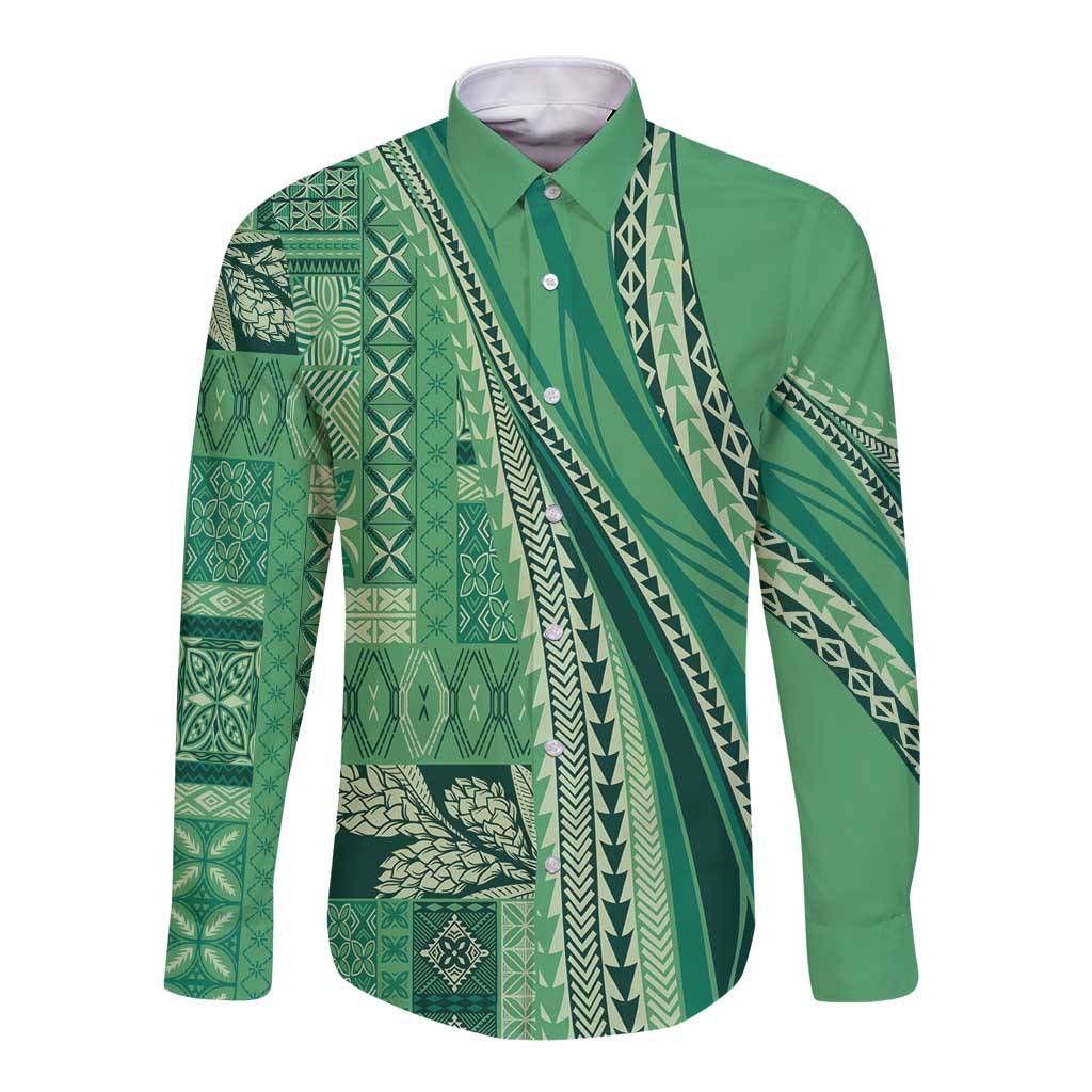 Pasifika Women's Day - Samoa Siapo Malu Tattoo Inspired Long Sleeve Button Shirt Jade LT7 Unisex Jade - Polynesian Pride