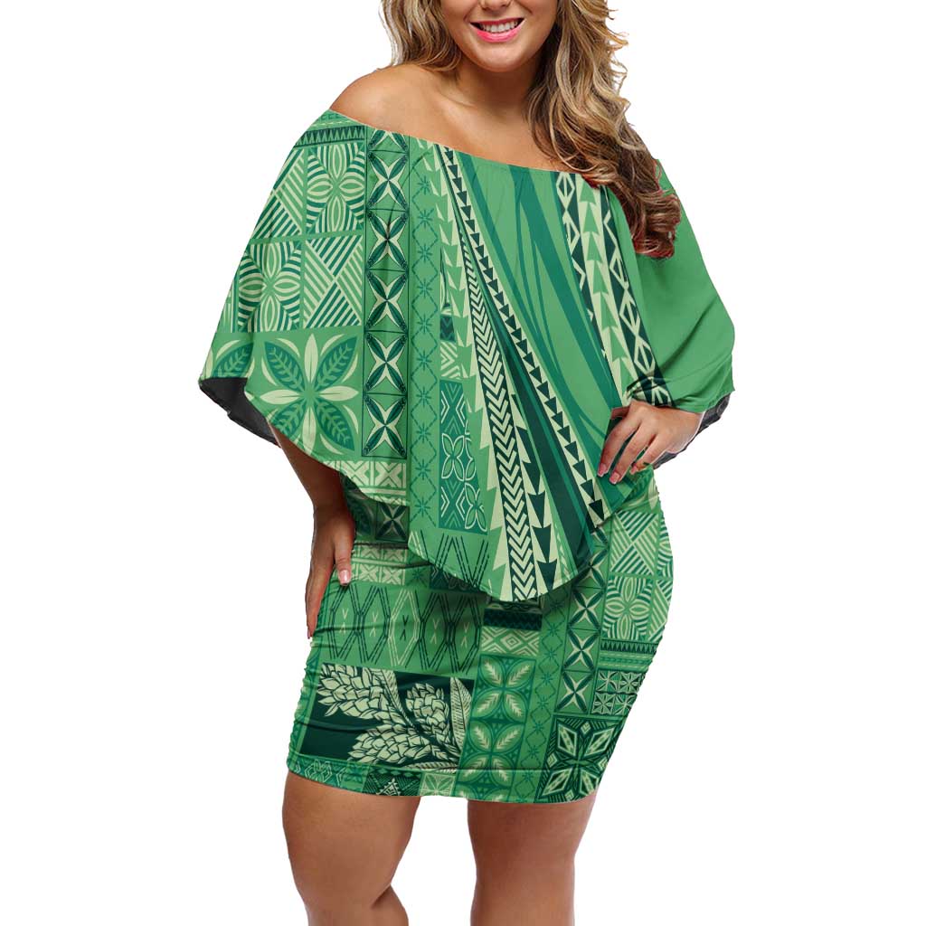 Pasifika Women's Day - Samoa Siapo Malu Tattoo Inspired Off Shoulder Short Dress Jade