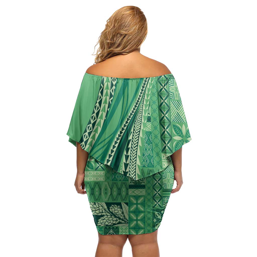 Pasifika Women's Day - Samoa Siapo Malu Tattoo Inspired Off Shoulder Short Dress Jade LT7 - Polynesian Pride