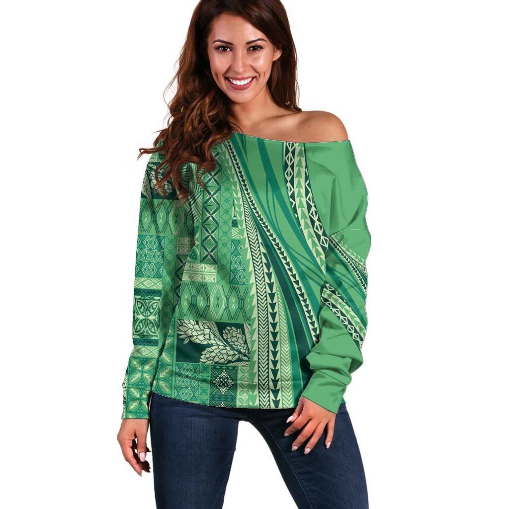 Pasifika Women's Day - Samoa Siapo Malu Tattoo Inspired Off Shoulder Sweater Jade LT7 Women Jade - Polynesian Pride