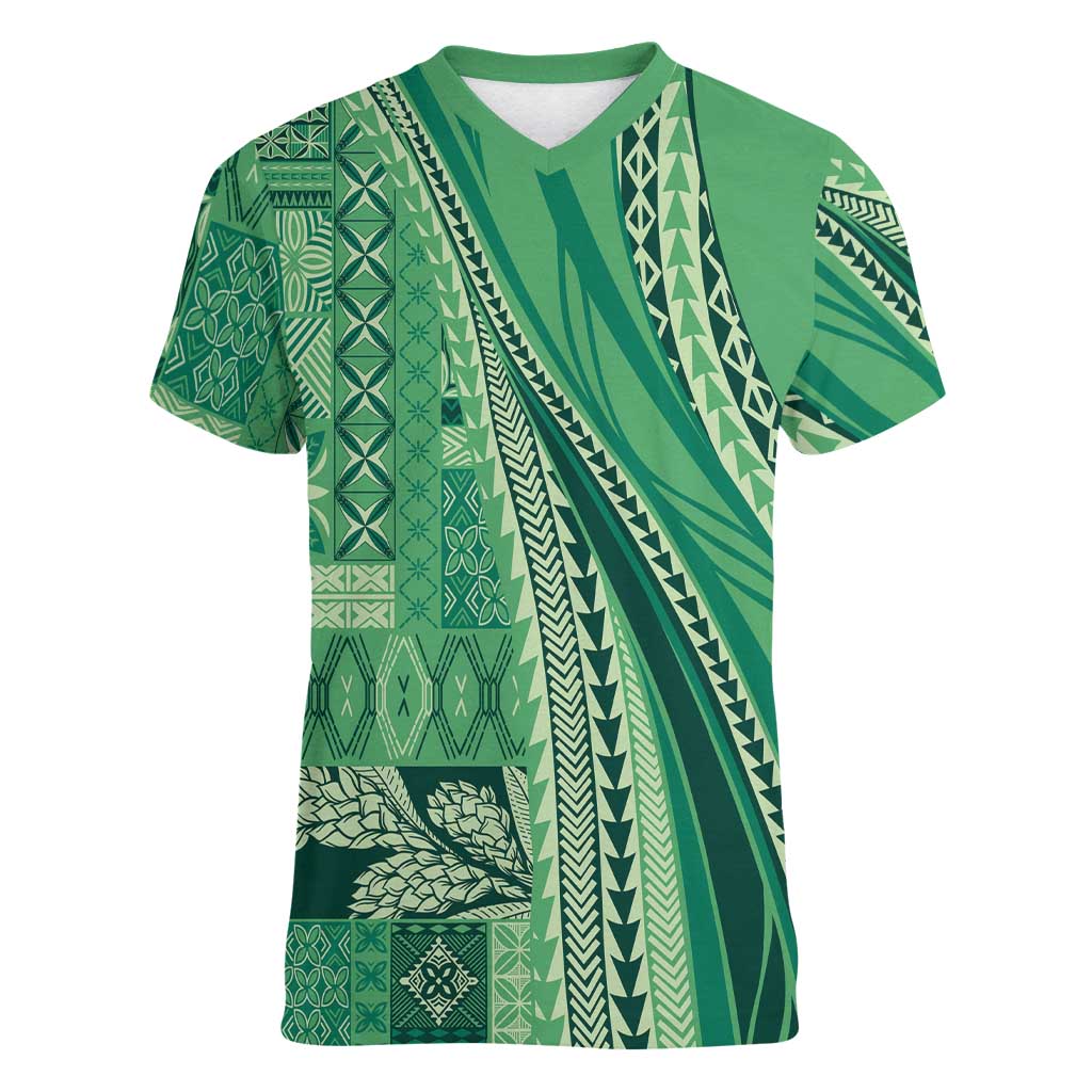 Pasifika Women's Day - Samoa Siapo Malu Tattoo Inspired Women V-Neck T-Shirt Jade LT7 Female Jade - Polynesian Pride