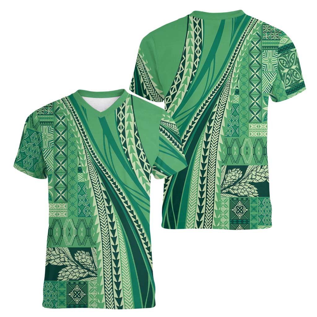 Pasifika Women's Day - Samoa Siapo Malu Tattoo Inspired Women V-Neck T-Shirt Jade LT7 - Polynesian Pride
