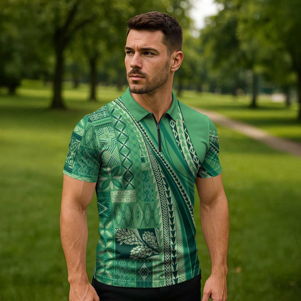 Pasifika Women's Day - Samoa Siapo Malu Tattoo Inspired Zipper Polo Shirt Jade LT7 - Polynesian Pride