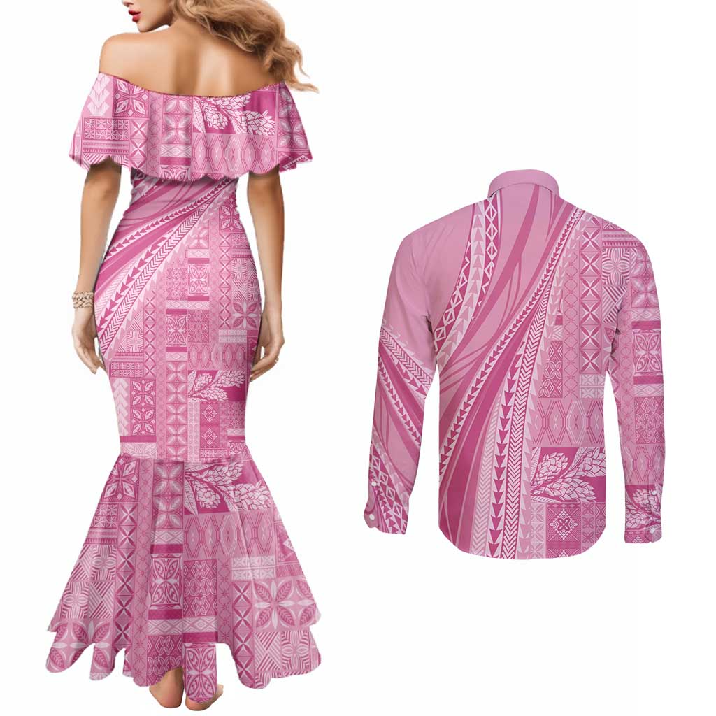 Pasifika Women's Day - Samoa Siapo Malu Tattoo Inspired Couples Matching Mermaid Dress and Long Sleeve Button Shirt Pink