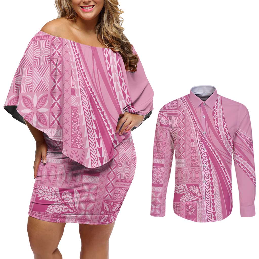 Pasifika Women's Day - Samoa Siapo Malu Tattoo Inspired Couples Matching Off Shoulder Short Dress and Long Sleeve Button Shirt Pink LT7 Pink - Polynesian Pride