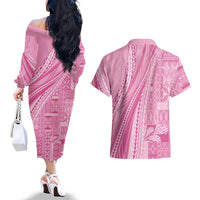 Pasifika Women's Day - Samoa Siapo Malu Tattoo Inspired Couples Matching Off The Shoulder Long Sleeve Dress and Hawaiian Shirt Pink