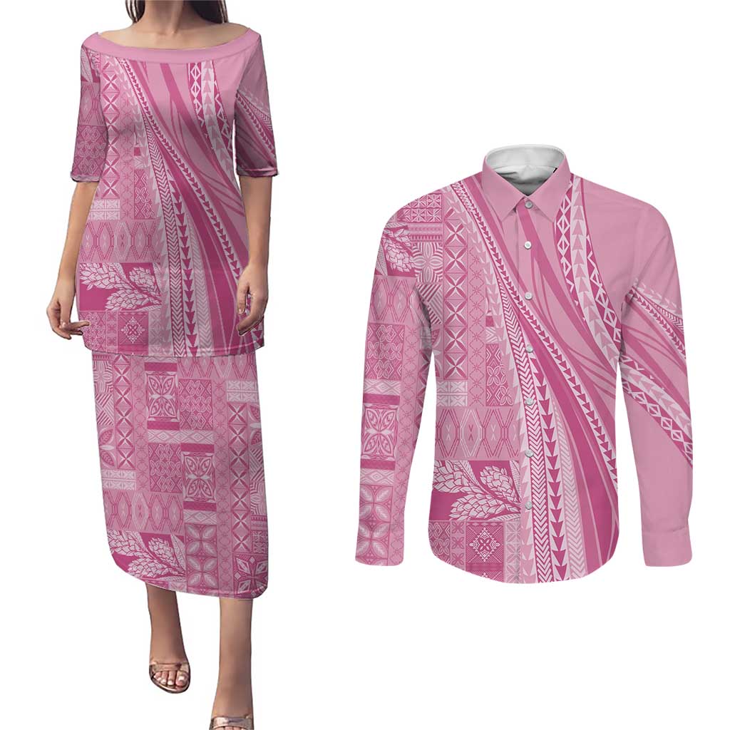 Pasifika Women's Day - Samoa Siapo Malu Tattoo Inspired Couples Matching Puletasi and Long Sleeve Button Shirt Pink LT7 Pink - Polynesian Pride