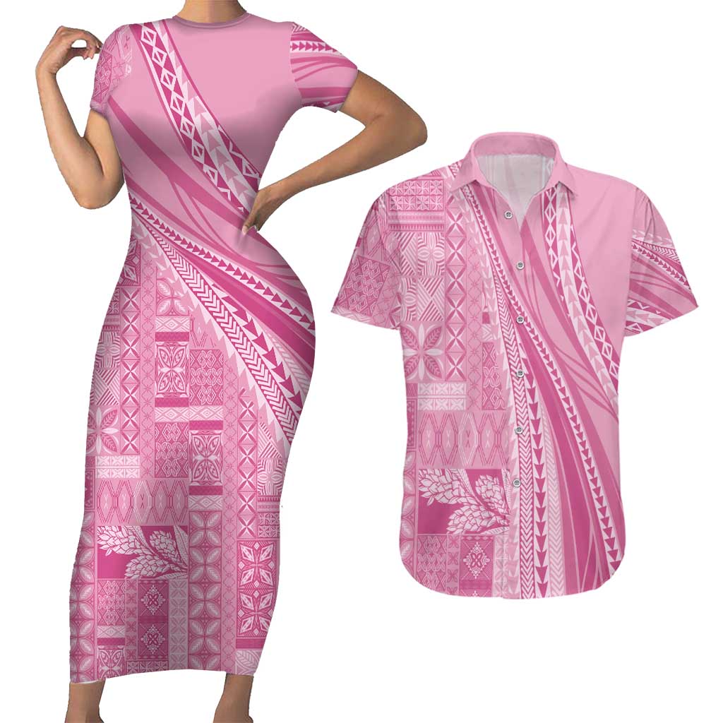 Pasifika Women's Day - Samoa Siapo Malu Tattoo Inspired Couples Matching Short Sleeve Bodycon Dress and Hawaiian Shirt Pink LT7 Pink - Polynesian Pride