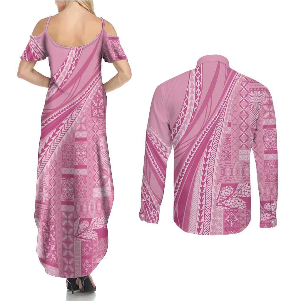 Pasifika Women's Day - Samoa Siapo Malu Tattoo Inspired Couples Matching Summer Maxi Dress and Long Sleeve Button Shirt Pink LT7 - Polynesian Pride