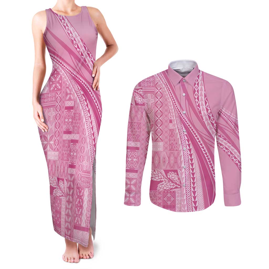 Pasifika Women's Day - Samoa Siapo Malu Tattoo Inspired Couples Matching Tank Maxi Dress and Long Sleeve Button Shirt Pink LT7 Pink - Polynesian Pride