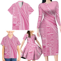 Pasifika Women's Day - Samoa Siapo Malu Tattoo Inspired Family Matching Long Sleeve Bodycon Dress and Hawaiian Shirt Pink