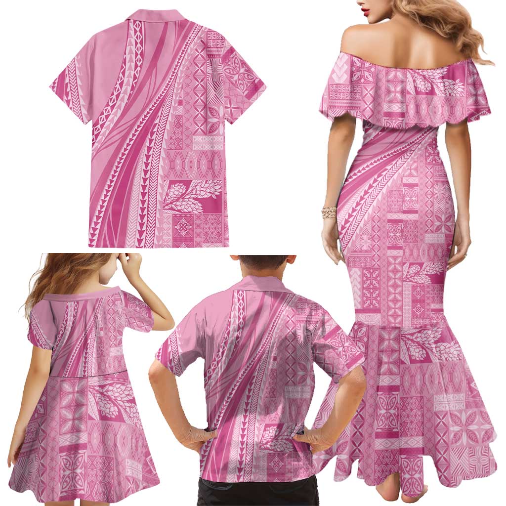 Pasifika Women's Day - Samoa Siapo Malu Tattoo Inspired Family Matching Mermaid Dress and Hawaiian Shirt Pink