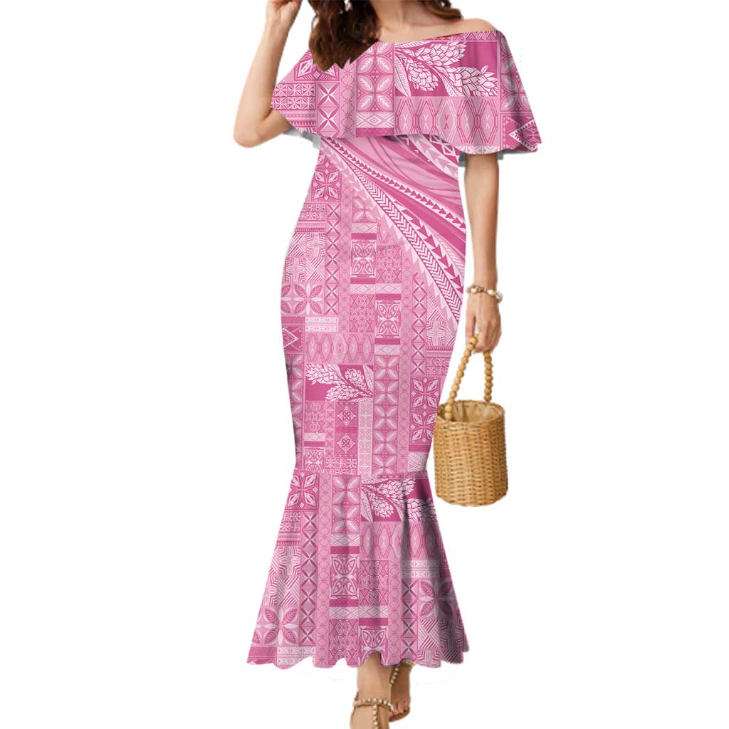 Pasifika Women's Day - Samoa Siapo Malu Tattoo Inspired Family Matching Mermaid Dress and Hawaiian Shirt Pink