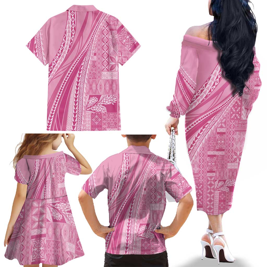 Pasifika Women's Day - Samoa Siapo Malu Tattoo Inspired Family Matching Off The Shoulder Long Sleeve Dress and Hawaiian Shirt Pink