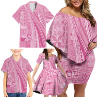 Pasifika Women's Day - Samoa Siapo Malu Tattoo Inspired Family Matching Off Shoulder Short Dress and Hawaiian Shirt Pink