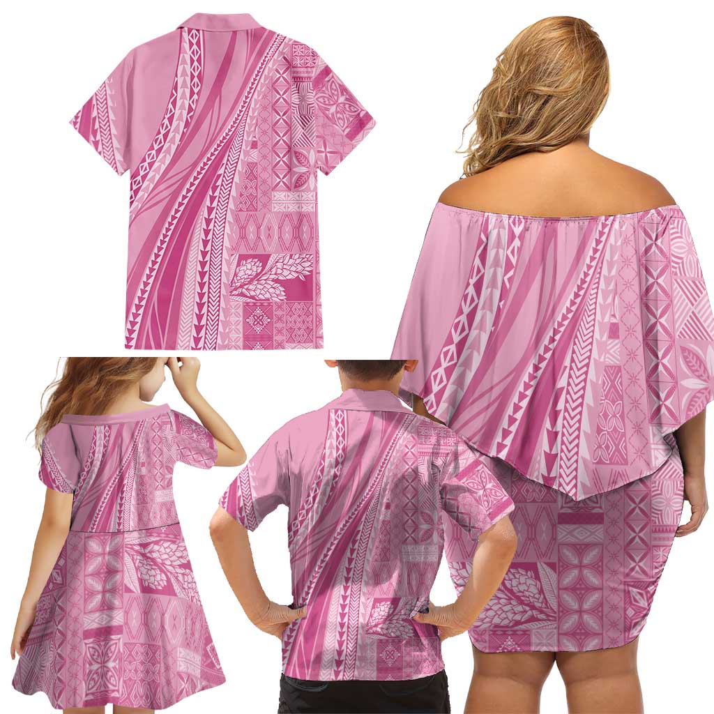 Pasifika Women's Day - Samoa Siapo Malu Tattoo Inspired Family Matching Off Shoulder Short Dress and Hawaiian Shirt Pink