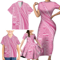 Pasifika Women's Day - Samoa Siapo Malu Tattoo Inspired Family Matching Short Sleeve Bodycon Dress and Hawaiian Shirt Pink