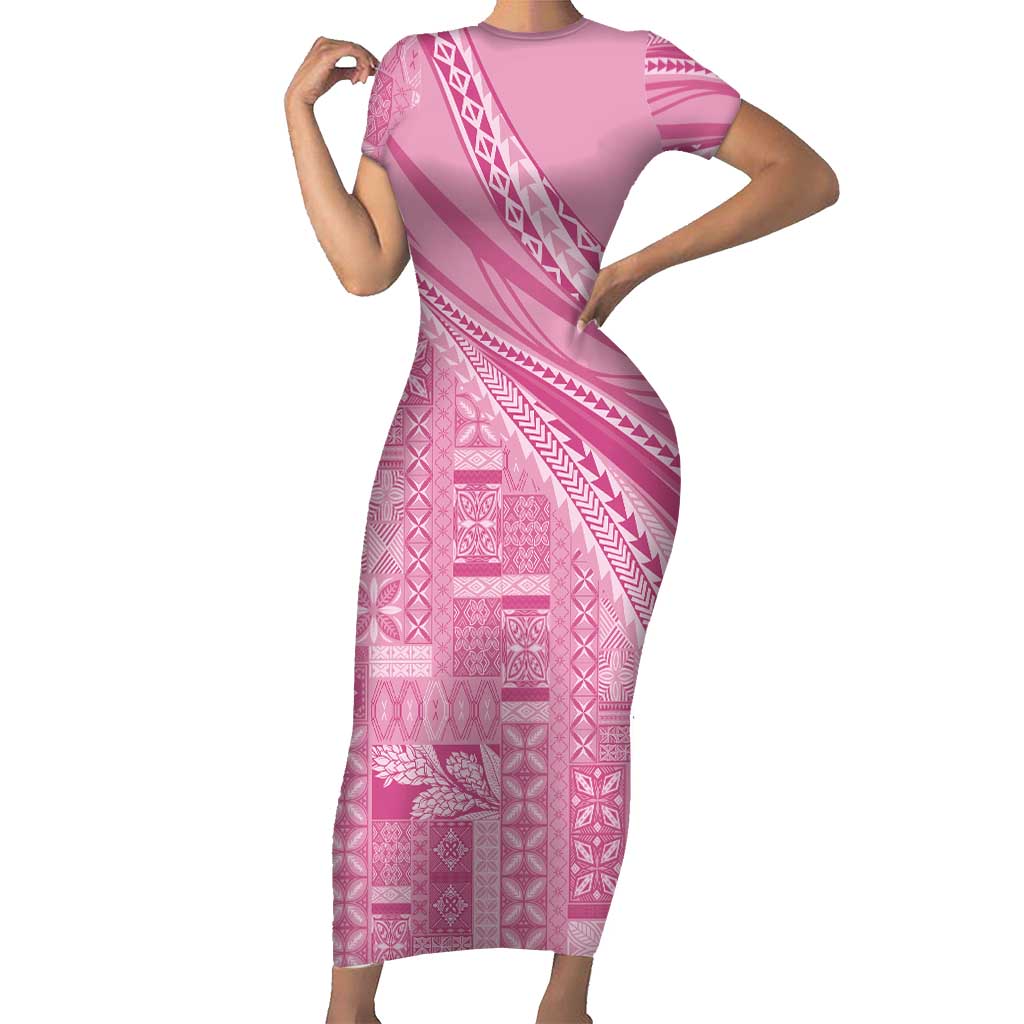 Pasifika Women's Day - Samoa Siapo Malu Tattoo Inspired Family Matching Short Sleeve Bodycon Dress and Hawaiian Shirt Pink