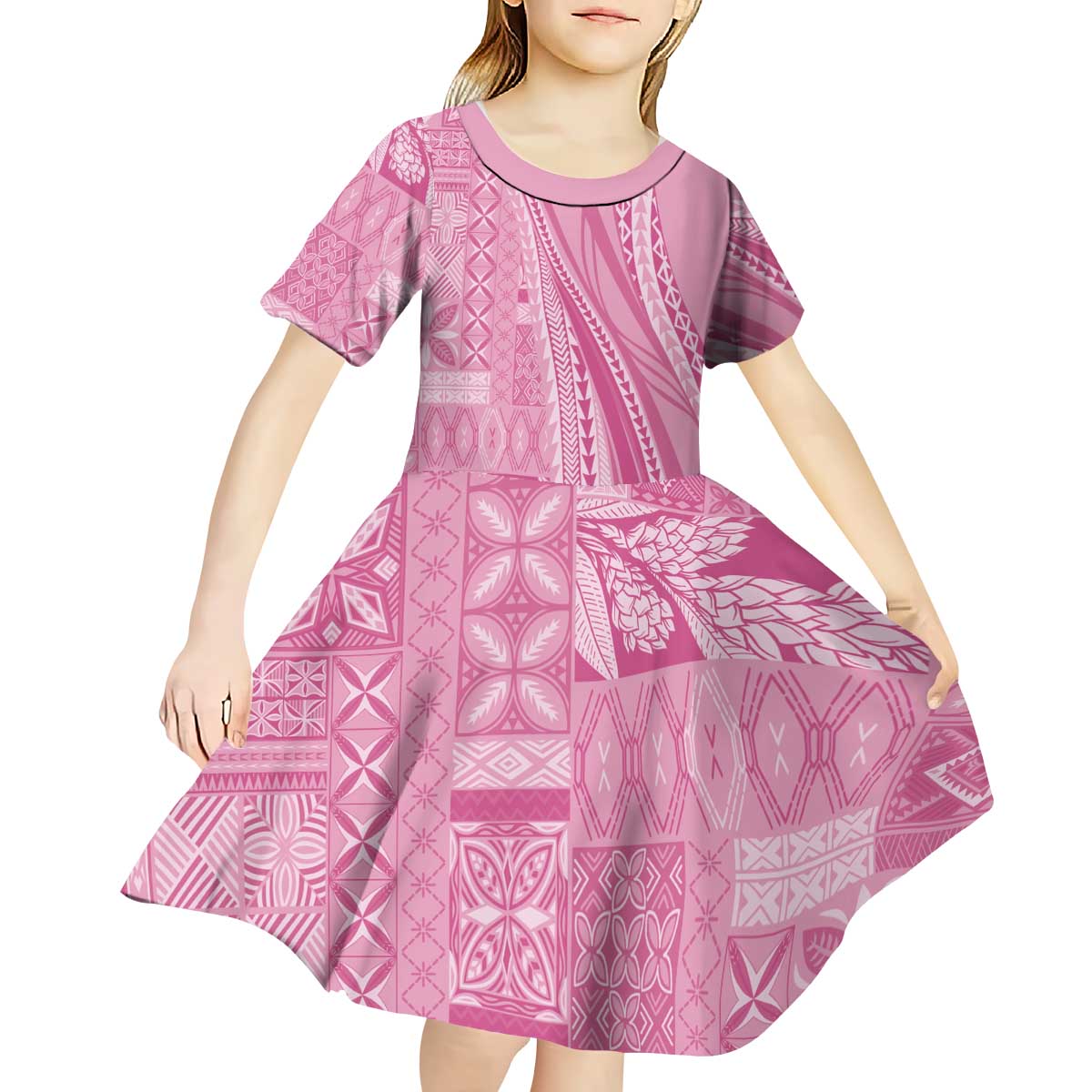 Pasifika Women's Day - Samoa Siapo Malu Tattoo Inspired Kid Short Sleeve Dress Pink LT7 - Polynesian Pride