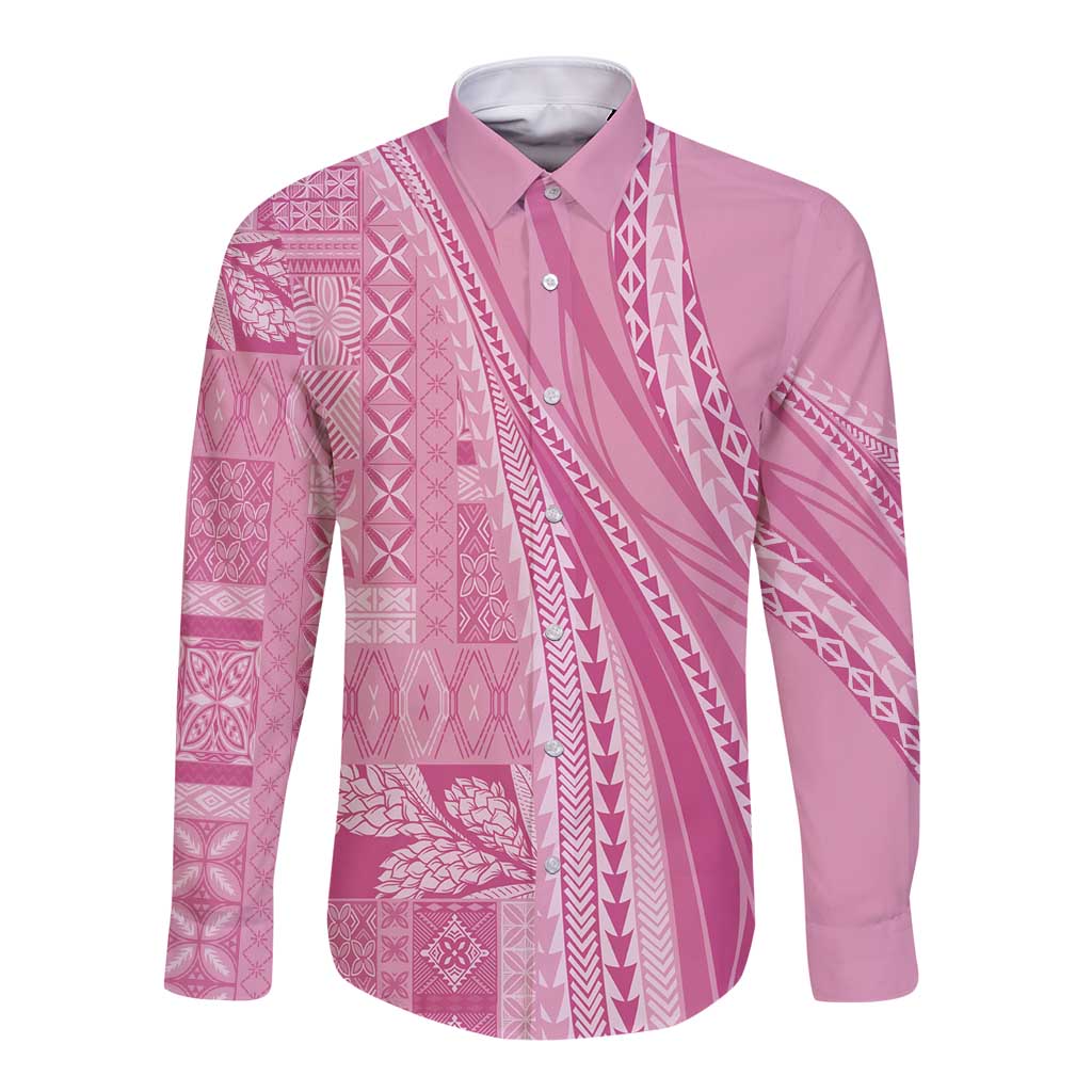 Pasifika Women's Day - Samoa Siapo Malu Tattoo Inspired Long Sleeve Button Shirt Pink LT7 Unisex Pink - Polynesian Pride