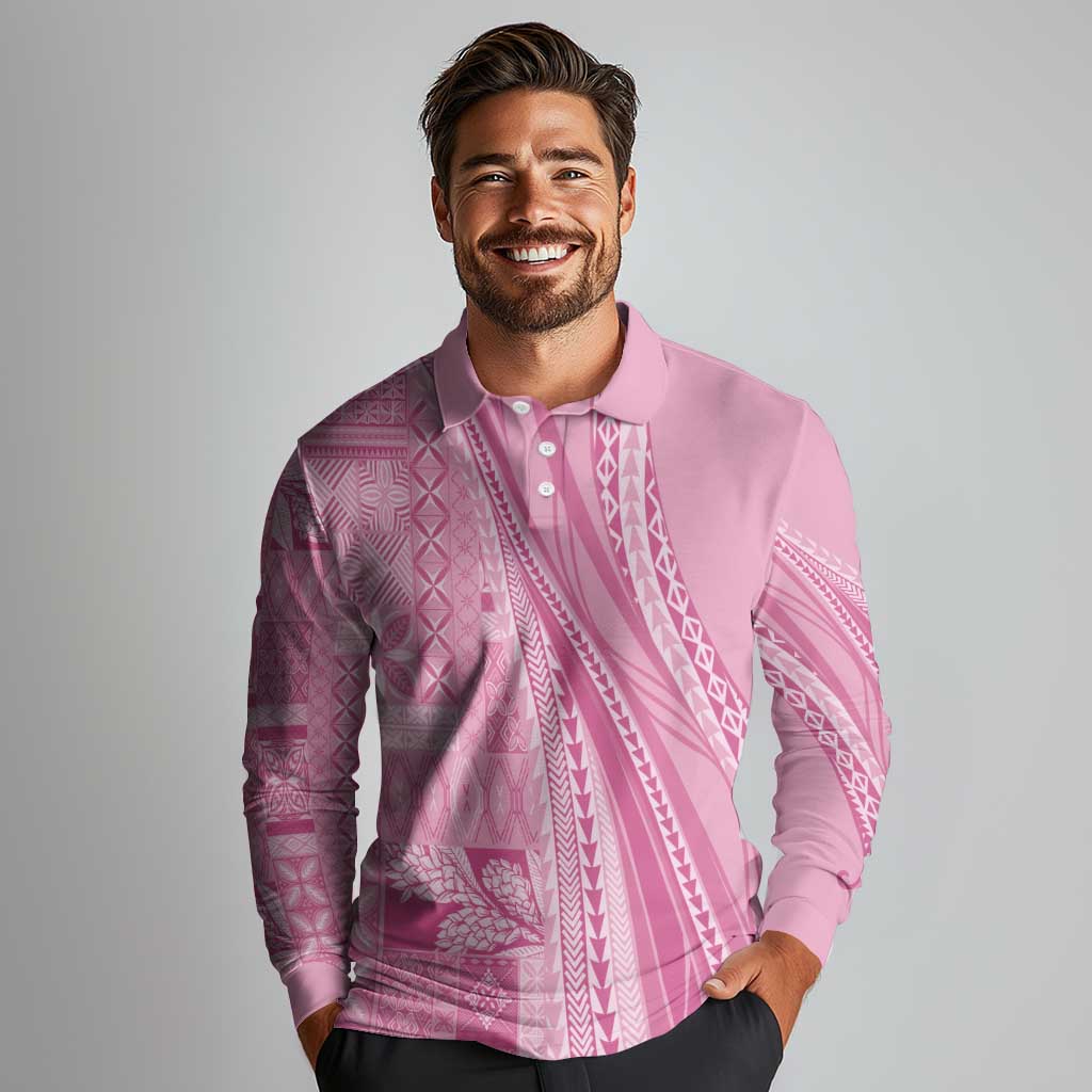 Pasifika Women's Day - Samoa Siapo Malu Tattoo Inspired Long Sleeve Polo Shirt Pink LT7 - Polynesian Pride