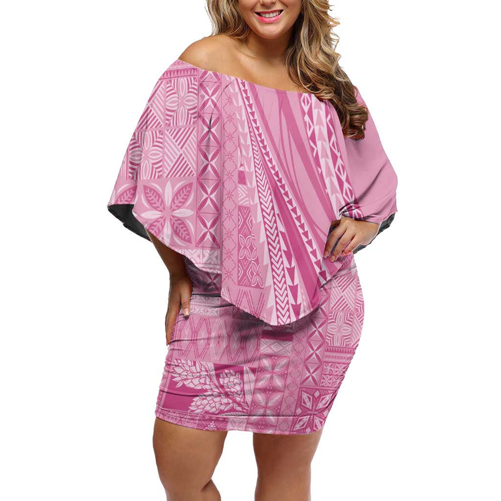 Pasifika Women's Day - Samoa Siapo Malu Tattoo Inspired Off Shoulder Short Dress Pink