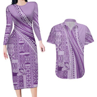 Pasifika Women's Day - Samoa Siapo Malu Tattoo Inspired Couples Matching Long Sleeve Bodycon Dress and Hawaiian Shirt Lavender