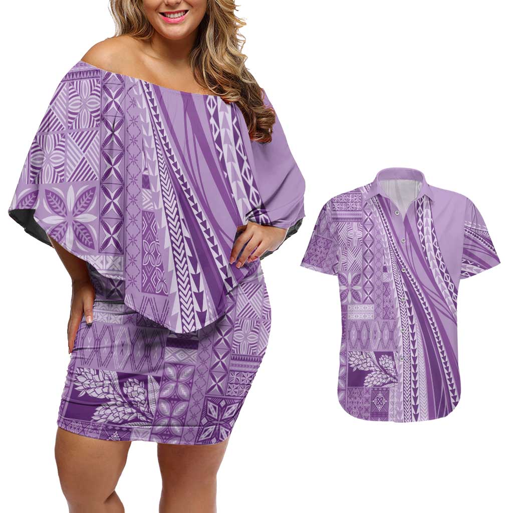 Pasifika Women's Day - Samoa Siapo Malu Tattoo Inspired Couples Matching Off Shoulder Short Dress and Hawaiian Shirt Lavender