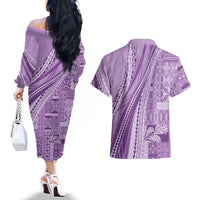 Pasifika Women's Day - Samoa Siapo Malu Tattoo Inspired Couples Matching Off The Shoulder Long Sleeve Dress and Hawaiian Shirt Lavender