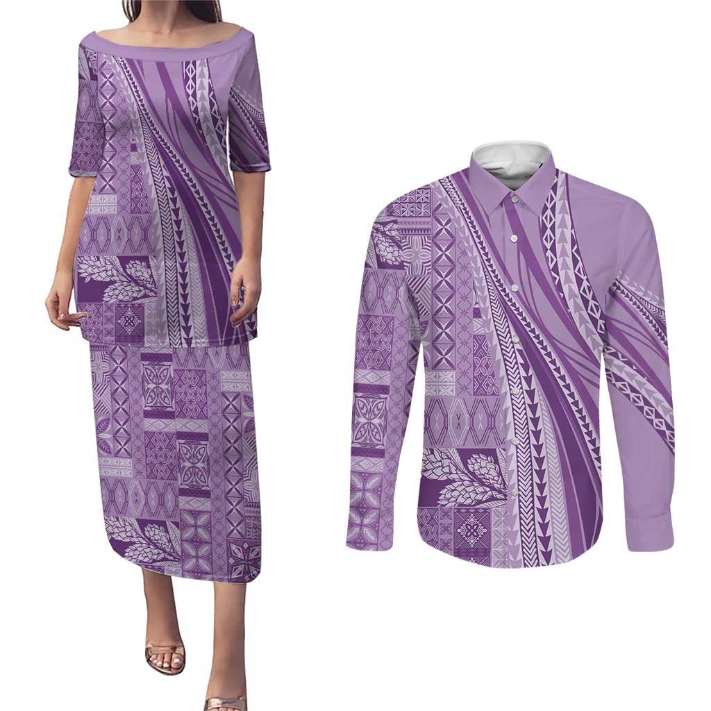 Pasifika Women's Day - Samoa Siapo Malu Tattoo Inspired Couples Matching Puletasi and Long Sleeve Button Shirt Lavender LT7 Lavender - Polynesian Pride