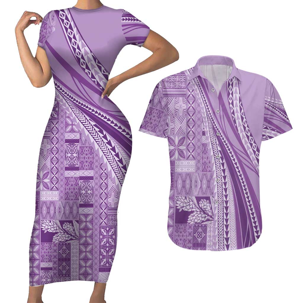 Pasifika Women's Day - Samoa Siapo Malu Tattoo Inspired Couples Matching Short Sleeve Bodycon Dress and Hawaiian Shirt Lavender