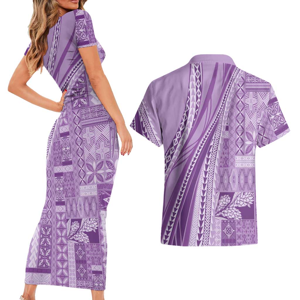 Pasifika Women's Day - Samoa Siapo Malu Tattoo Inspired Couples Matching Short Sleeve Bodycon Dress and Hawaiian Shirt Lavender