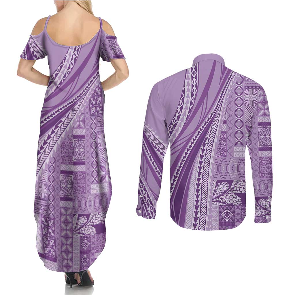 Pasifika Women's Day - Samoa Siapo Malu Tattoo Inspired Couples Matching Summer Maxi Dress and Long Sleeve Button Shirt Lavender LT7 - Polynesian Pride