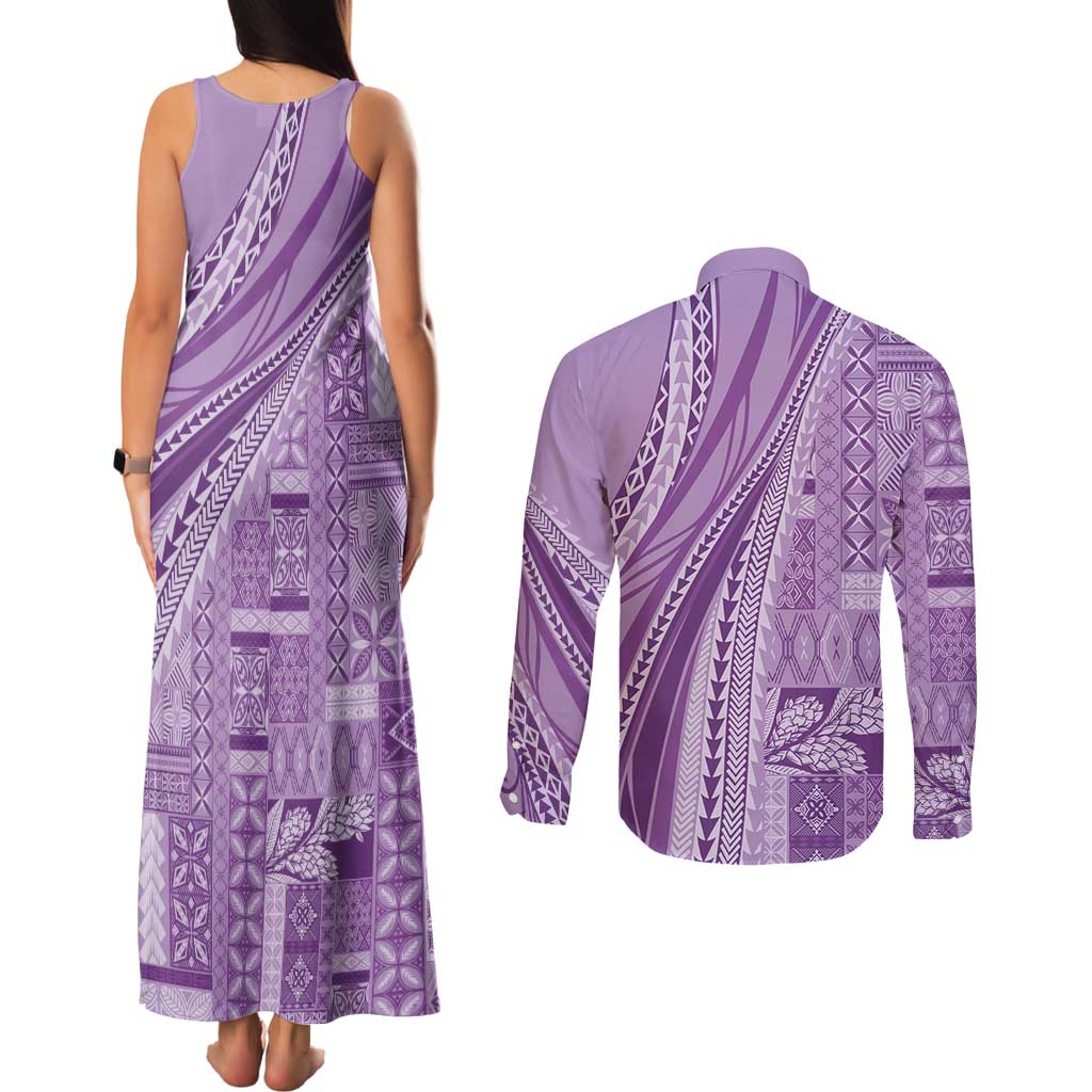 Pasifika Women's Day - Samoa Siapo Malu Tattoo Inspired Couples Matching Tank Maxi Dress and Long Sleeve Button Shirt Lavender LT7 - Polynesian Pride
