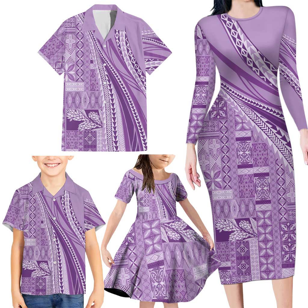 Pasifika Women's Day - Samoa Siapo Malu Tattoo Inspired Family Matching Long Sleeve Bodycon Dress and Hawaiian Shirt Lavender LT7 - Polynesian Pride