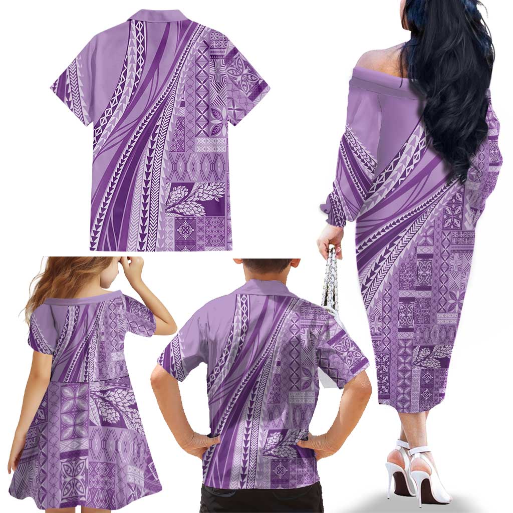 Pasifika Women's Day - Samoa Siapo Malu Tattoo Inspired Family Matching Off The Shoulder Long Sleeve Dress and Hawaiian Shirt Lavender