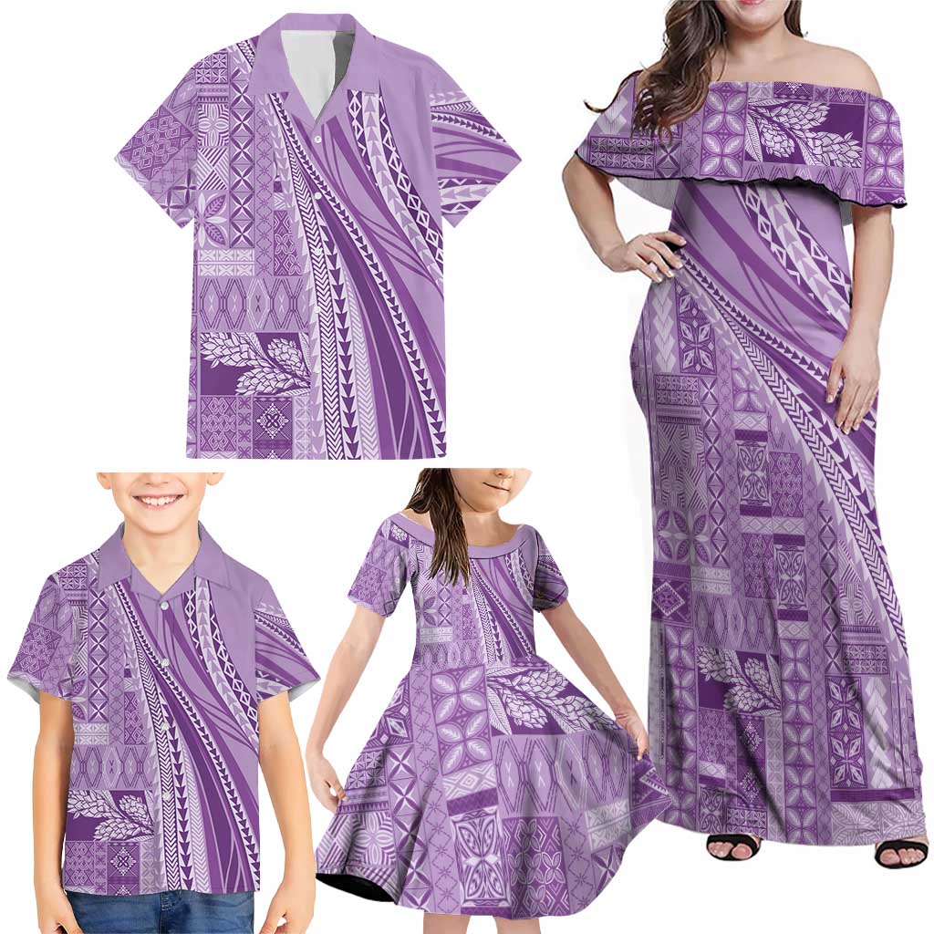 Pasifika Women's Day - Samoa Siapo Malu Tattoo Inspired Family Matching Off Shoulder Maxi Dress and Hawaiian Shirt Lavender LT7 - Polynesian Pride