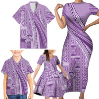 Pasifika Women's Day - Samoa Siapo Malu Tattoo Inspired Family Matching Short Sleeve Bodycon Dress and Hawaiian Shirt Lavender