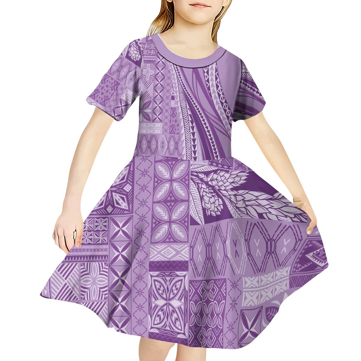 Pasifika Women's Day - Samoa Siapo Malu Tattoo Inspired Kid Short Sleeve Dress Lavender LT7 - Polynesian Pride