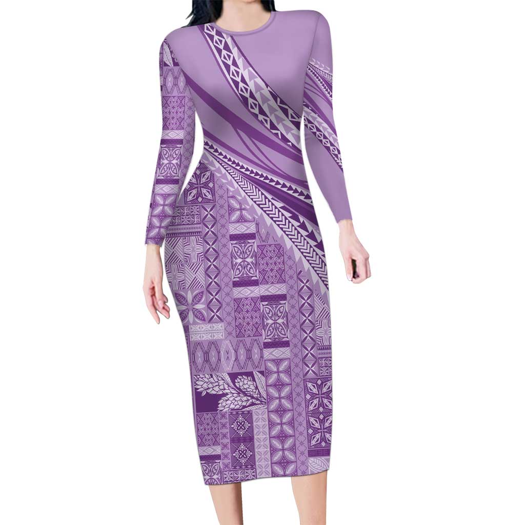 Pasifika Women's Day - Samoa Siapo Malu Tattoo Inspired Long Sleeve Bodycon Dress Lavender LT7 Long Dress Lavender - Polynesian Pride