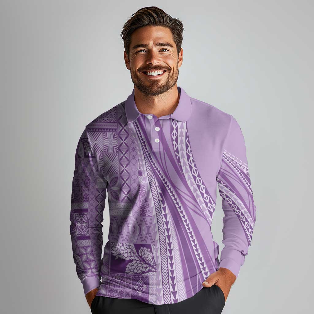 Pasifika Women's Day - Samoa Siapo Malu Tattoo Inspired Long Sleeve Polo Shirt Lavender LT7 - Polynesian Pride