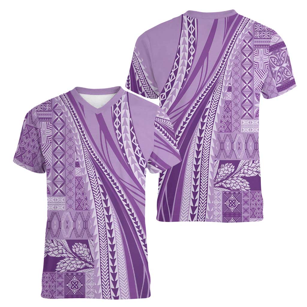 Pasifika Women's Day - Samoa Siapo Malu Tattoo Inspired Women V-Neck T-Shirt Lavender LT7 - Polynesian Pride
