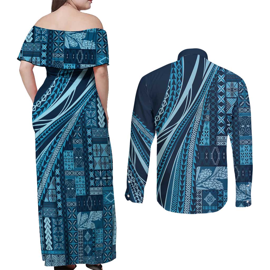 Pasifika Women's Day - Samoa Siapo Malu Tattoo Inspired Couples Matching Off Shoulder Maxi Dress and Long Sleeve Button Shirt Navy Blue