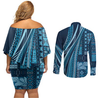 Pasifika Women's Day - Samoa Siapo Malu Tattoo Inspired Couples Matching Off Shoulder Short Dress and Long Sleeve Button Shirt Navy Blue LT7 - Polynesian Pride