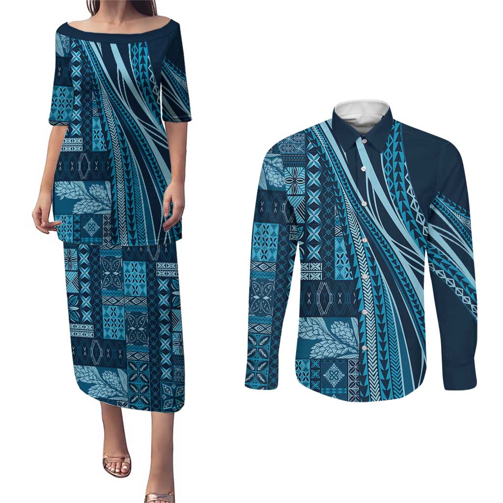 Pasifika Women's Day - Samoa Siapo Malu Tattoo Inspired Couples Matching Puletasi and Long Sleeve Button Shirt Navy Blue LT7 Navy Blue - Polynesian Pride
