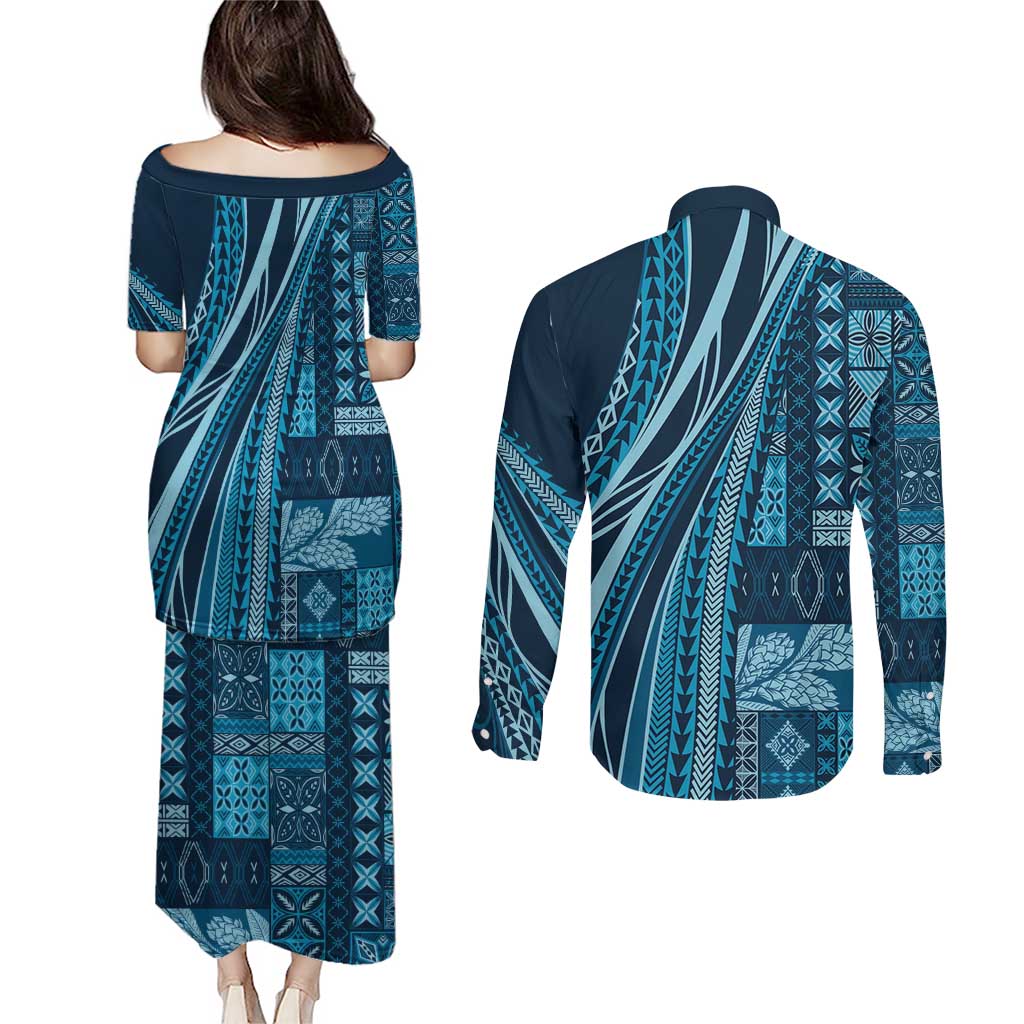 Pasifika Women's Day - Samoa Siapo Malu Tattoo Inspired Couples Matching Puletasi and Long Sleeve Button Shirt Navy Blue LT7 - Polynesian Pride