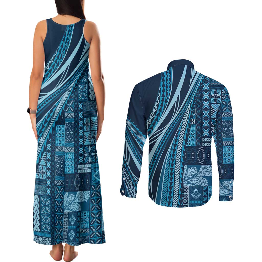 Pasifika Women's Day - Samoa Siapo Malu Tattoo Inspired Couples Matching Tank Maxi Dress and Long Sleeve Button Shirt Navy Blue LT7 - Polynesian Pride