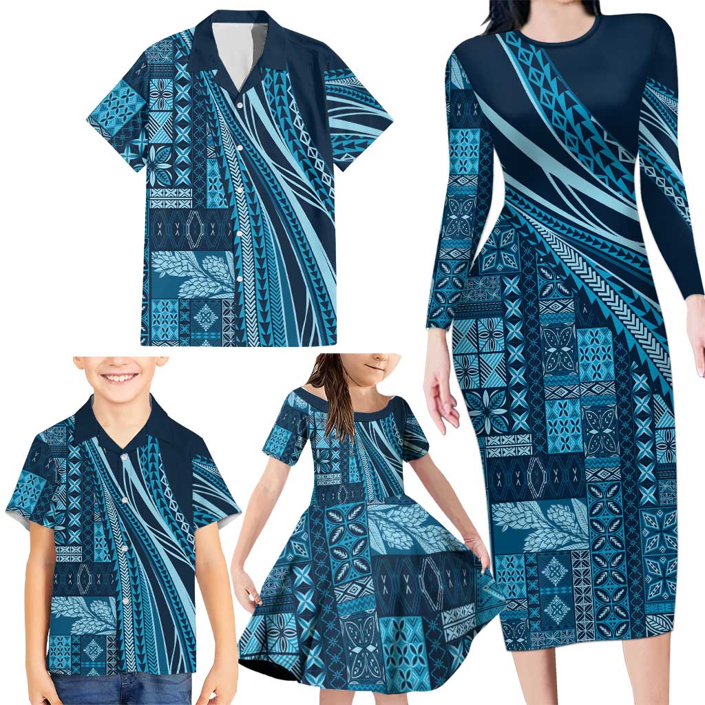 Pasifika Women's Day - Samoa Siapo Malu Tattoo Inspired Family Matching Long Sleeve Bodycon Dress and Hawaiian Shirt Navy Blue LT7 - Polynesian Pride